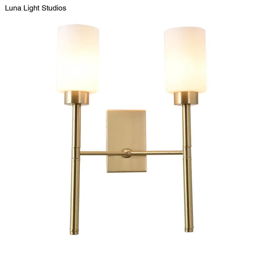 Modernist Style White Glass Cylinder Wall Sconce With Brass Finish - Bedroom Light