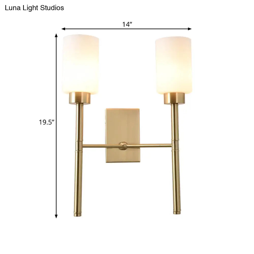 Modernist Style White Glass Cylinder Wall Sconce With Brass Finish - Bedroom Light