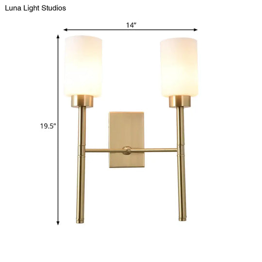 Modernist Style White Glass Cylinder Wall Sconce With Brass Finish - Bedroom Light