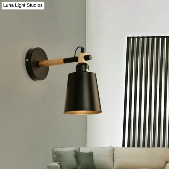 Modernist Style Wooden Joint Wall Sconce Fixture - Black Cylindrical Light For Bedroom