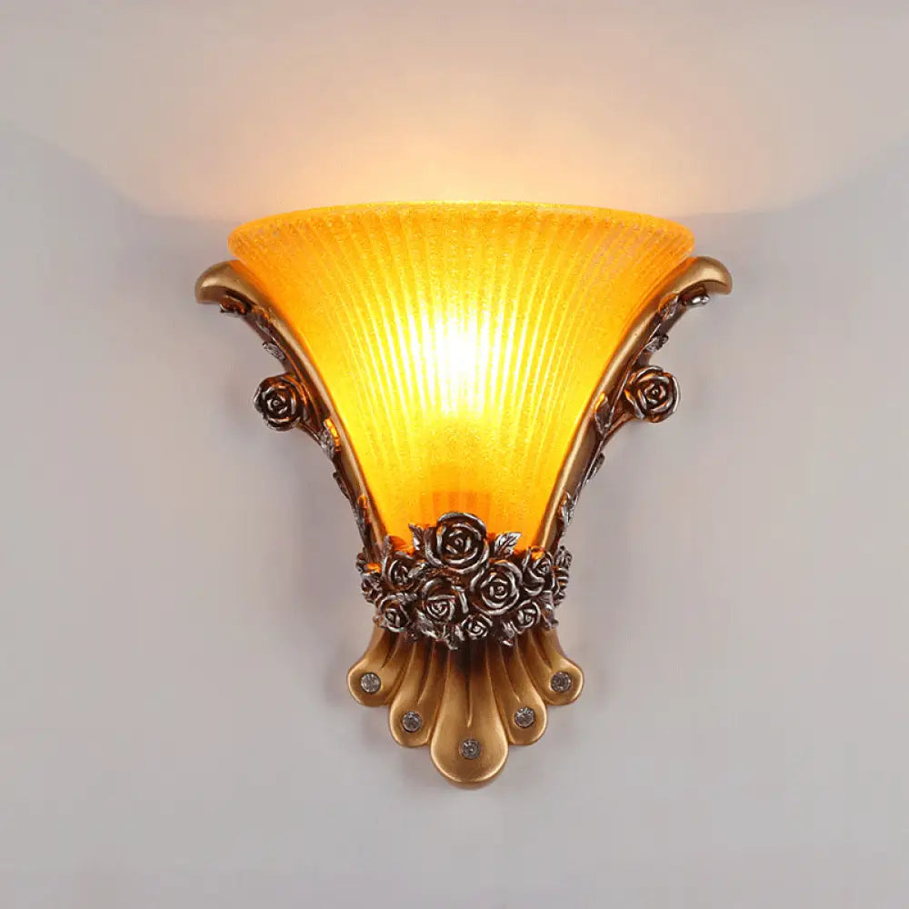 Modernist Style Yellow Glass Wall Lamp With Flared Shade - Bedroom Sconce / B