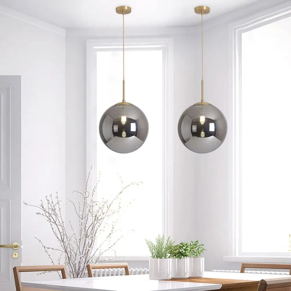 Modernist Tan/Smoke Gray Mirror Glass Globe Pendant Light - 6’/10’ Width 1-Light Suspension