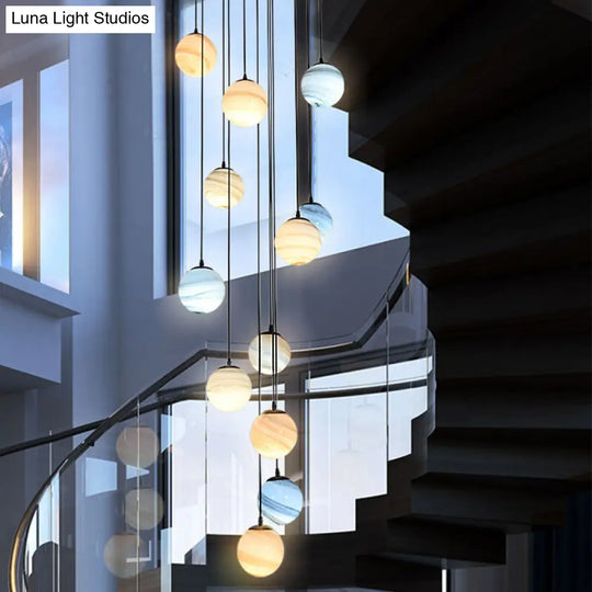 Modern Textured Glass Multi-Light Pendant For Stairs - Black Suspension Lighting Fixture