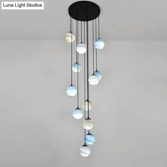 Modern Textured Glass Multi-Light Pendant For Stairs - Black Suspension Lighting Fixture