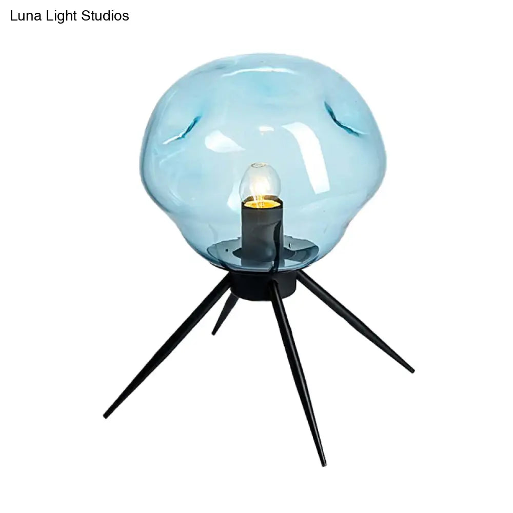 Modernist Tripod Desk Light With Dimpled Glass Shade - Black Blue/Cognac