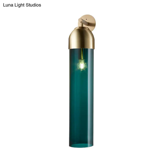 Modernist Tube Sconce Light: Blue/Clear/Amber Glass Wall Mounted Lamp With Curved Arm For Bedside