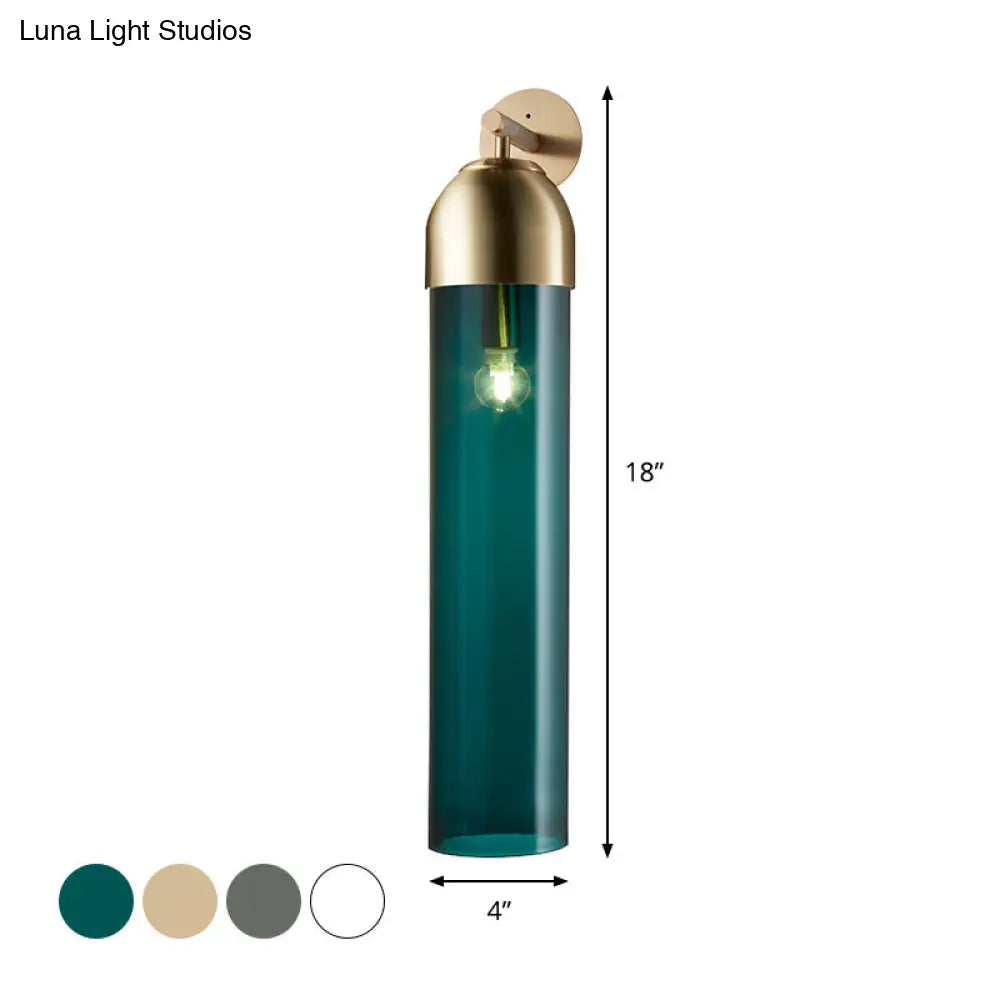 Modernist Tube Sconce Light: Blue/Clear/Amber Glass Wall Mounted Lamp With Curved Arm For Bedside