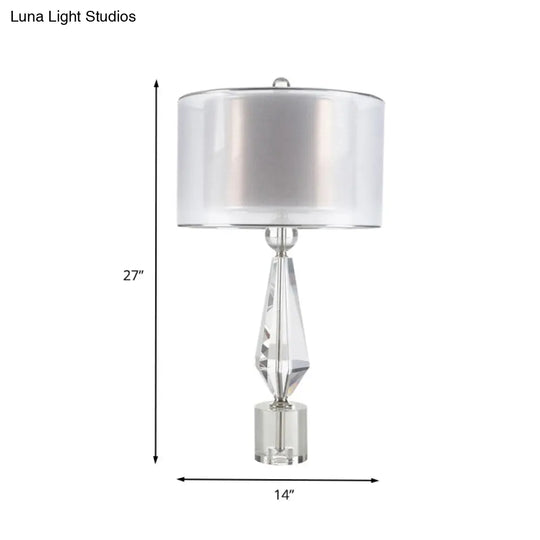 Modernist White Fabric Desk Light With Crystal Base - 1 Bulb Night Table Lamp