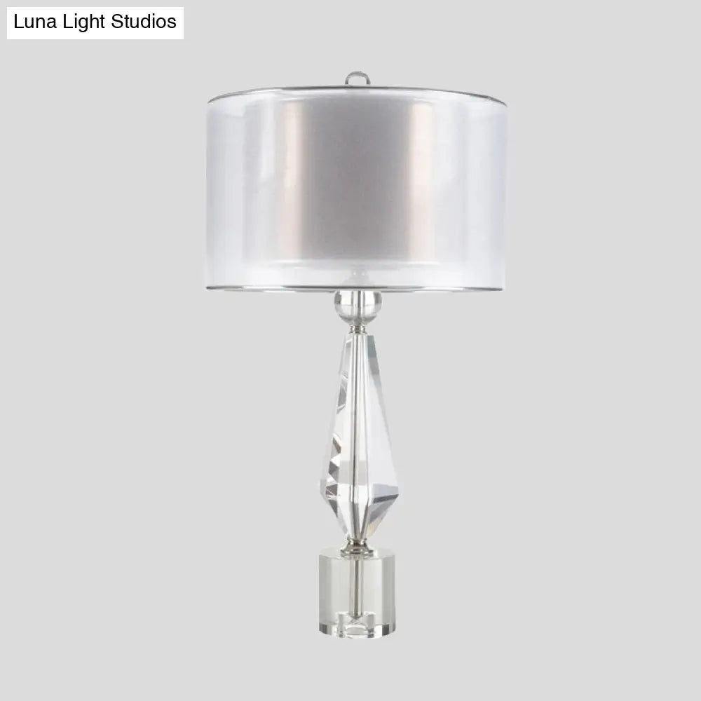 Modernist White Fabric Desk Light With Crystal Base - 1 Bulb Night Table Lamp