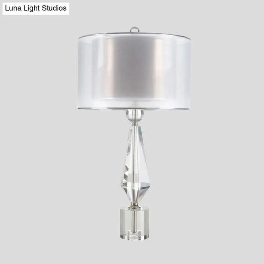 Modernist White Fabric Desk Light With Crystal Base - 1 Bulb Night Table Lamp