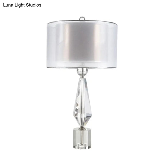 Modernist White Fabric Desk Light With Crystal Base - 1 Bulb Night Table Lamp