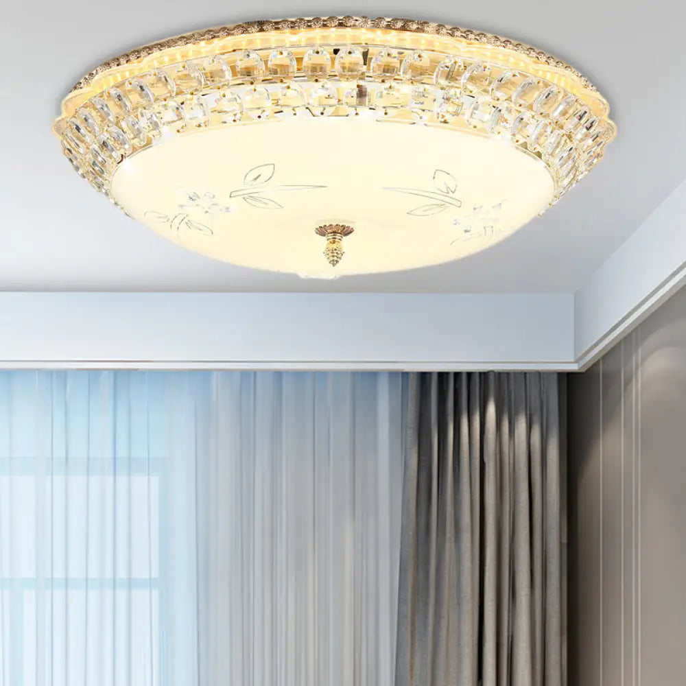 Modernist White Glass And Clear Crystal Led Flush Pendant Light For Bedroom - 12’/16’ Diameter / 16’