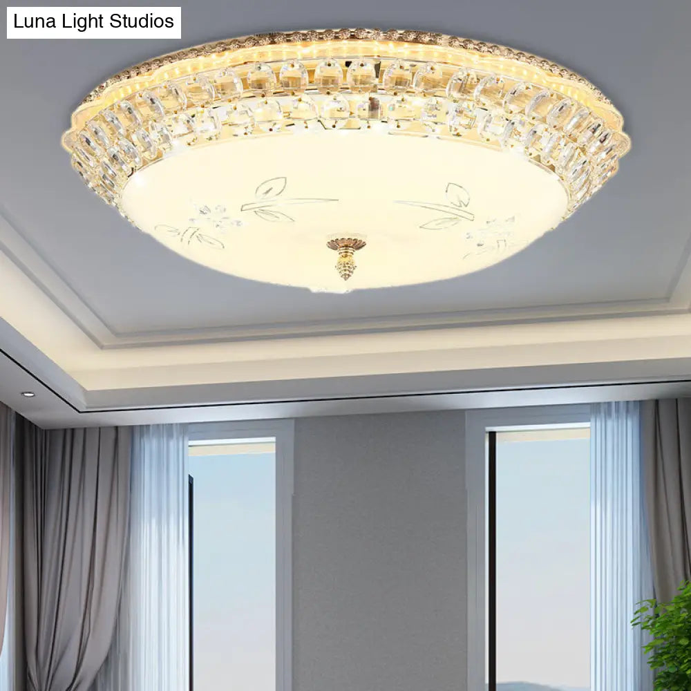 Modernist White Glass And Clear Crystal Led Flush Pendant Light For Bedroom - 12/16 Diameter