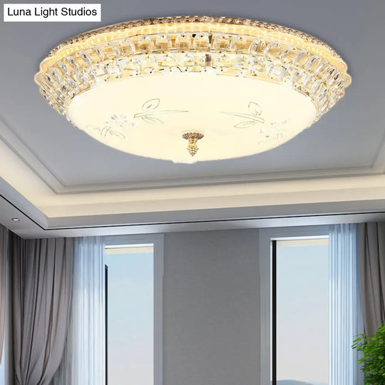 Modernist White Glass And Clear Crystal Led Flush Pendant Light For Bedroom - 12’/16’ Diameter