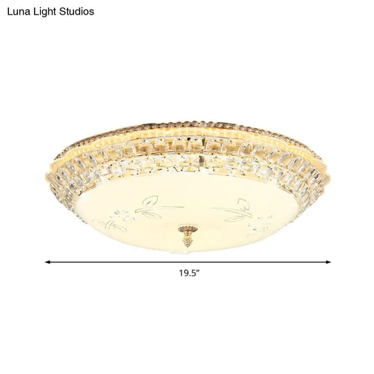 Modernist White Glass And Clear Crystal Led Flush Pendant Light For Bedroom - 12’/16’ Diameter