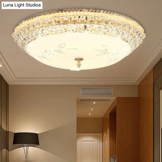 Modernist White Glass And Clear Crystal Led Flush Pendant Light For Bedroom - 12/16 Diameter / 19.5