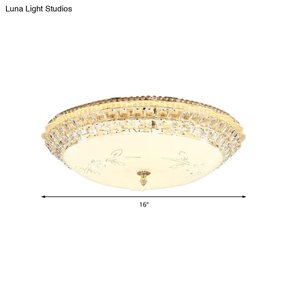 Modernist White Glass And Clear Crystal Led Flush Pendant Light For Bedroom - 12’/16’ Diameter