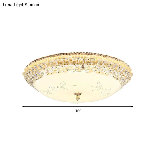 Modernist White Glass And Clear Crystal Led Flush Pendant Light For Bedroom - 12’/16’ Diameter