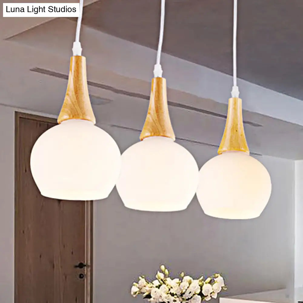 3-Head Modernist Pendant Lamp - White Glass & Wood Ceiling Light For Dining Table