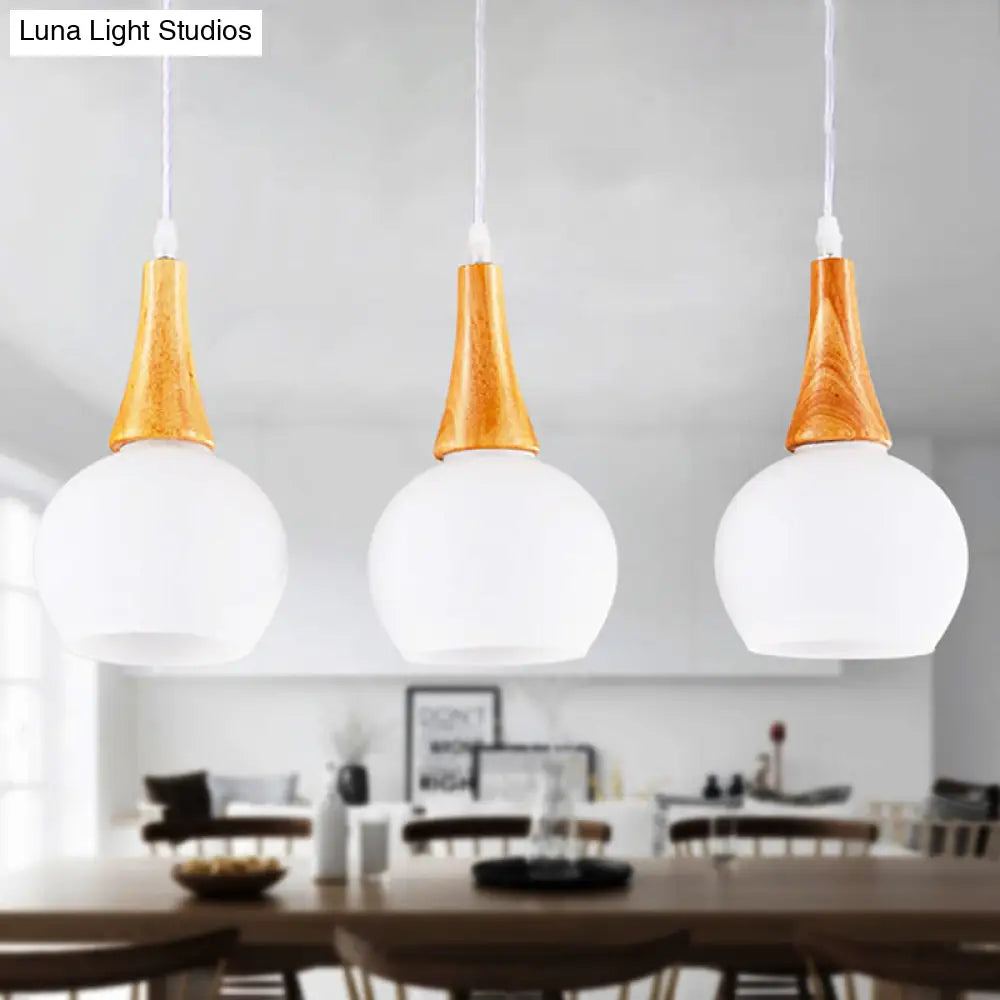 3-Head Modernist Pendant Lamp - White Glass & Wood Ceiling Light For Dining Table