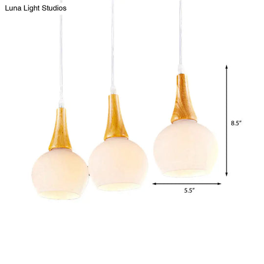 3-Head Modernist Pendant Lamp - White Glass & Wood Ceiling Light For Dining Table