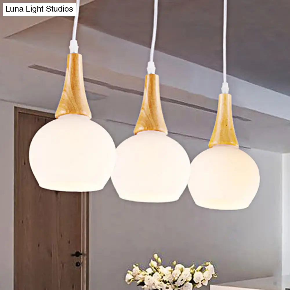 Modernist White Glass And Wood Pendant Lamp For Dining Table By 3 Heads Global