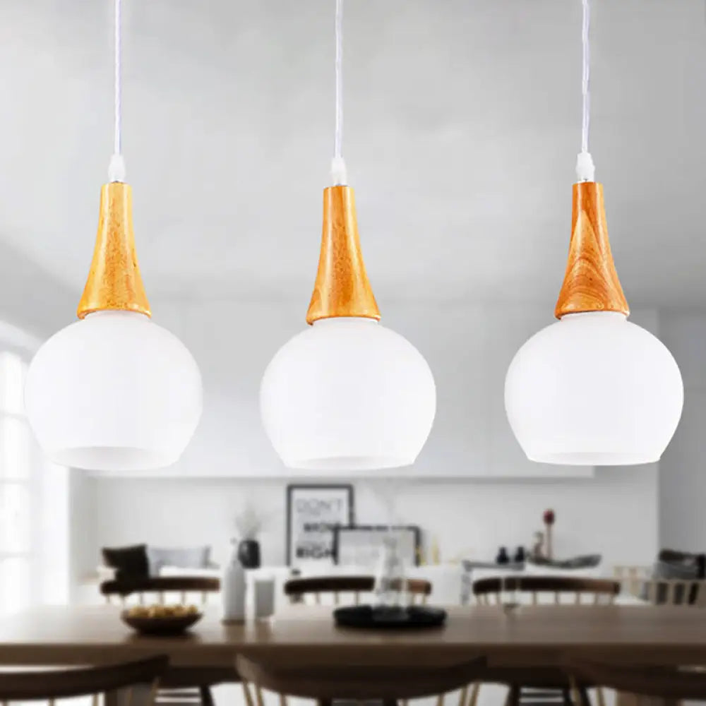 Modernist White Glass And Wood Pendant Lamp For Dining Table By 3 Heads Global