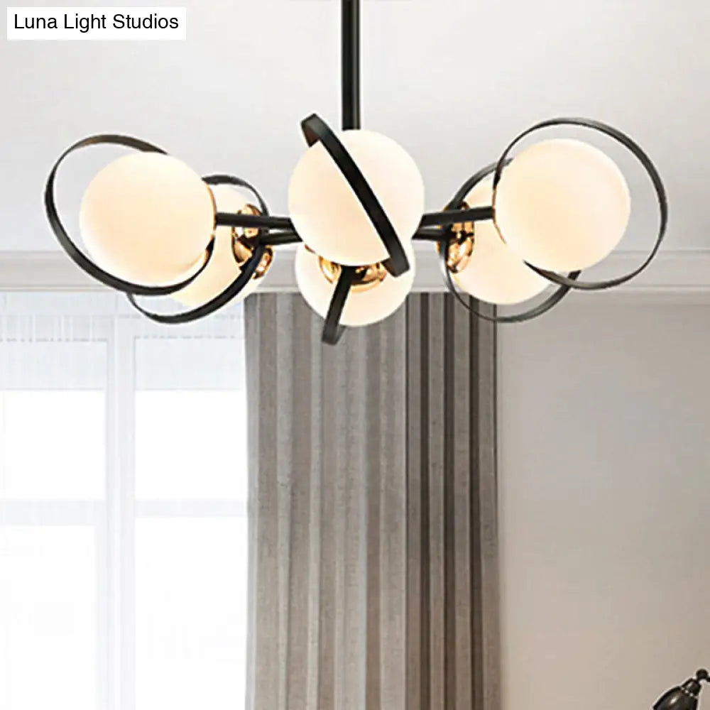 Modernist Ball White Glass Chandelier: Radial Design 3/6 Lights Black Ceiling Lamp Fixture 6 /