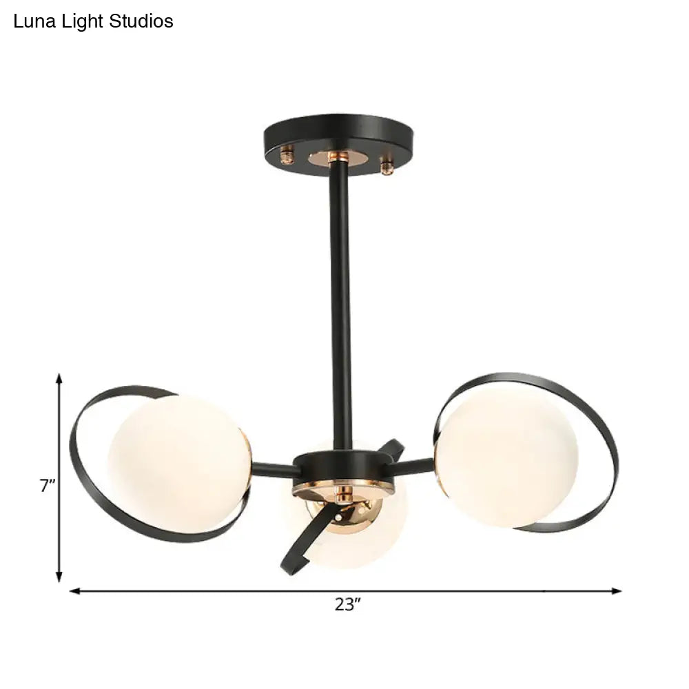 Modernist Ball White Glass Chandelier: Radial Design 3/6 Lights Black Ceiling Lamp Fixture