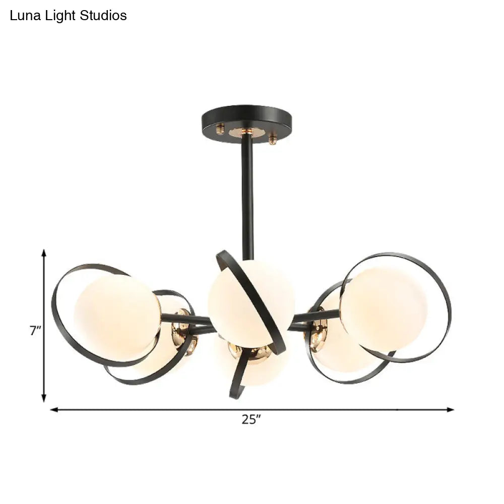 Modernist Ball White Glass Chandelier: Radial Design 3/6 Lights Black Ceiling Lamp Fixture