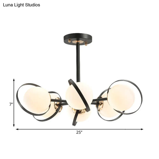 Modernist Ball White Glass Chandelier: Radial Design 3/6 Lights Black Ceiling Lamp Fixture