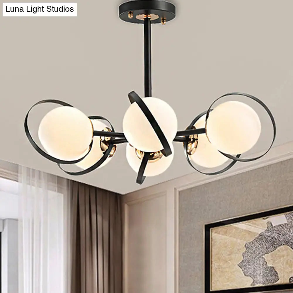 Modernist White Glass Chandelier With Radial Design – 3/6 Lights Black Ceiling Lamp Fixture