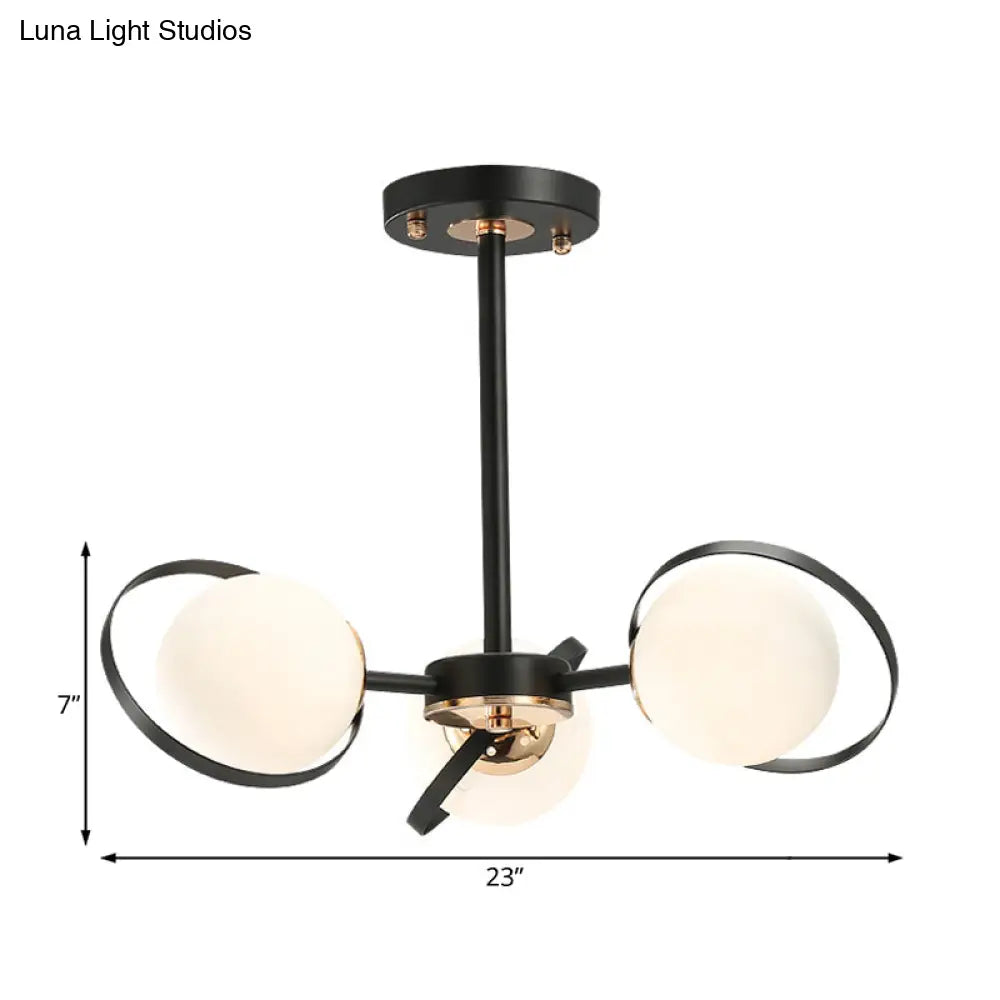 Modernist White Glass Chandelier With Radial Design – 3/6 Lights Black Ceiling Lamp Fixture