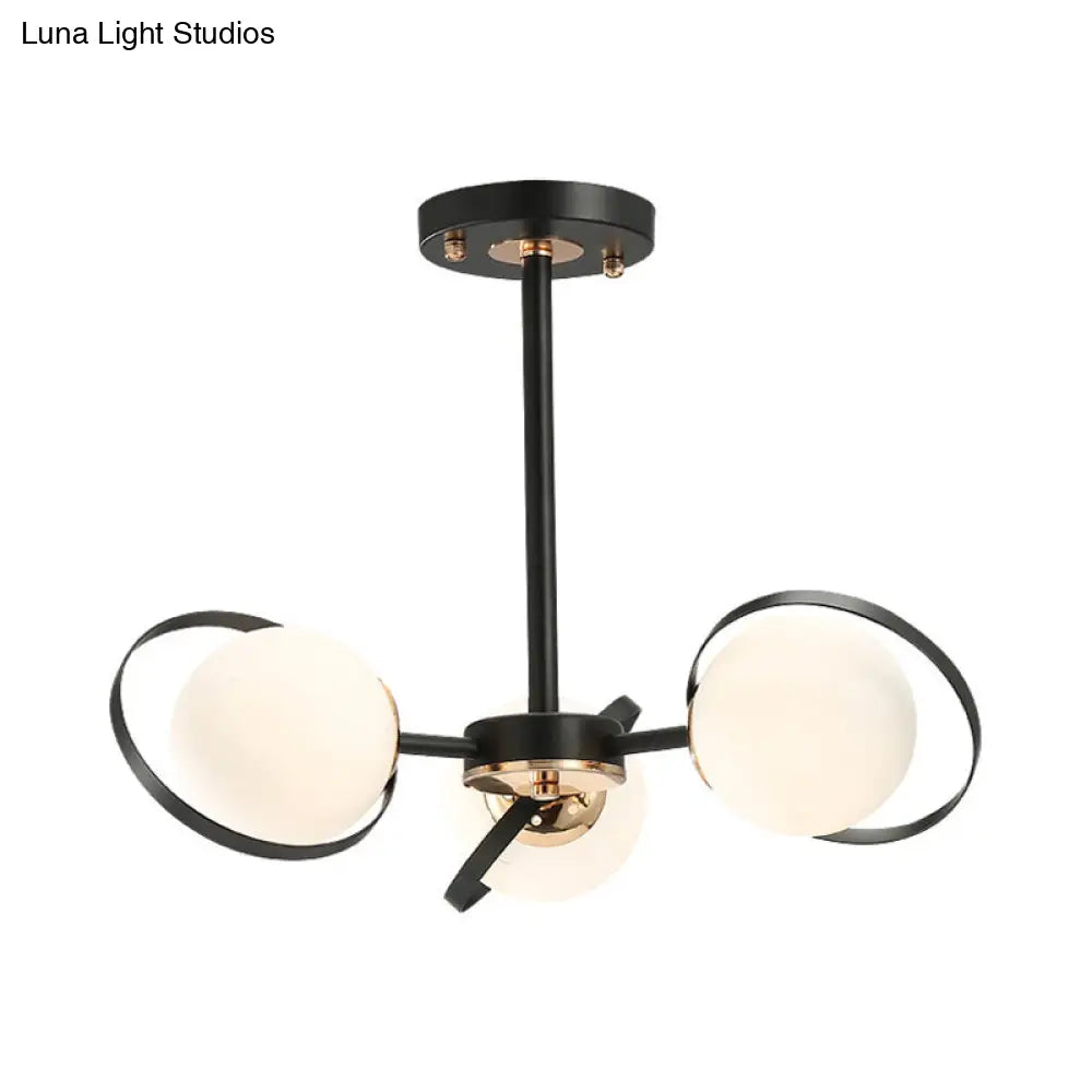 Modernist Ball White Glass Chandelier: Radial Design 3/6 Lights Black Ceiling Lamp Fixture