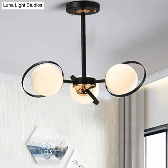 Modernist Ball White Glass Chandelier: Radial Design 3/6 Lights Black Ceiling Lamp Fixture 3 /