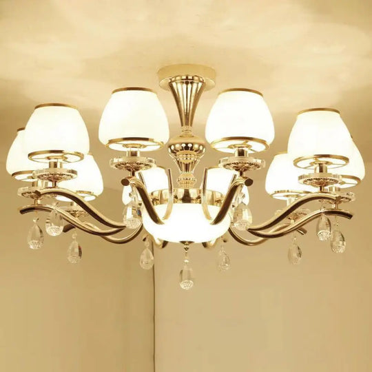 Modernist White Glass Pendant Chandelier With Crystal Droplets - Gold Urn Shade Design 10 /