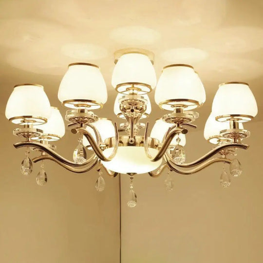 Modernist White Glass Pendant Chandelier With Crystal Droplets - Gold Urn Shade Design 12 /