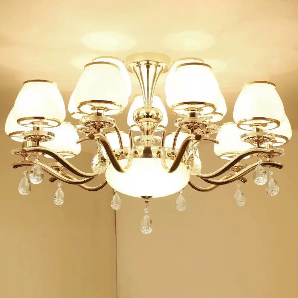 Modernist White Glass Pendant Chandelier With Crystal Droplets - Gold Urn Shade Design 15 /