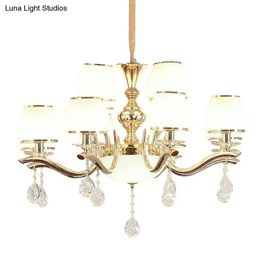 Modernist White Glass Pendant Chandelier With Crystal Droplets - Gold Urn Shade Design