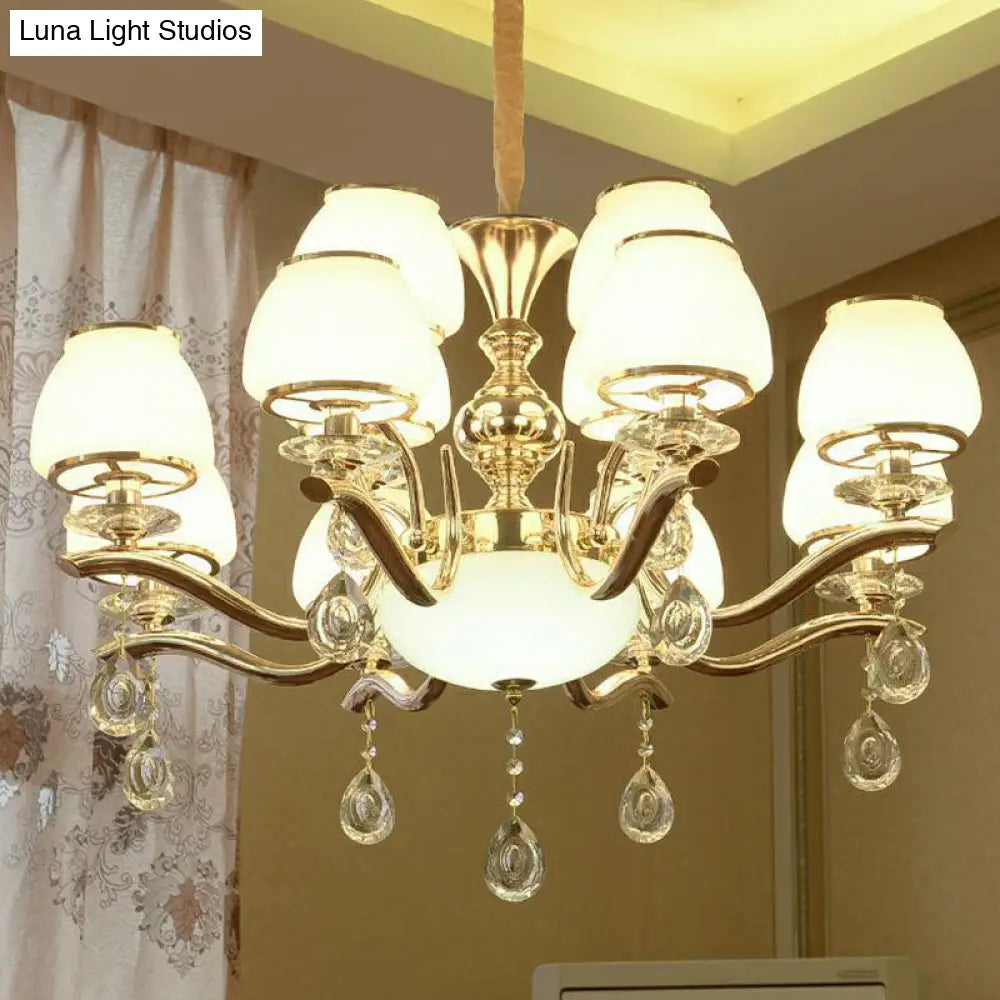 Modern White Glass Chandelier With Crystal Droplet And Gold Urn Shade Pendant Light