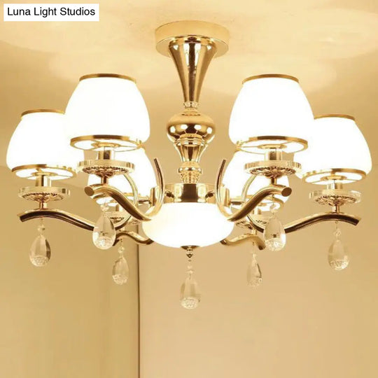 Modern White Glass Chandelier With Crystal Droplet And Gold Urn Shade Pendant Light