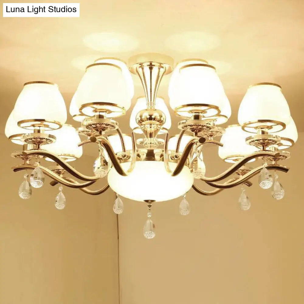 Modern White Glass Chandelier With Crystal Droplet And Gold Urn Shade Pendant Light 15 /