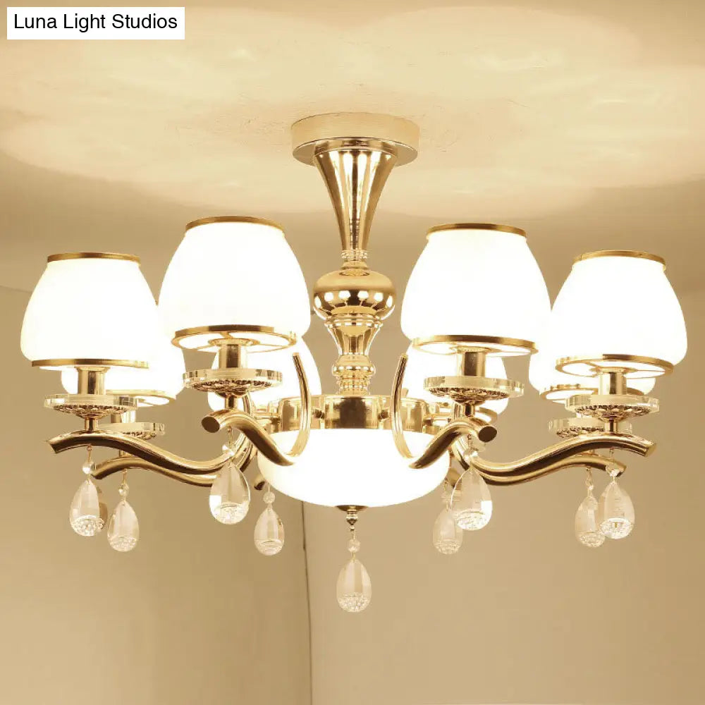 Modern White Glass Chandelier With Crystal Droplet And Gold Urn Shade Pendant Light 8 /