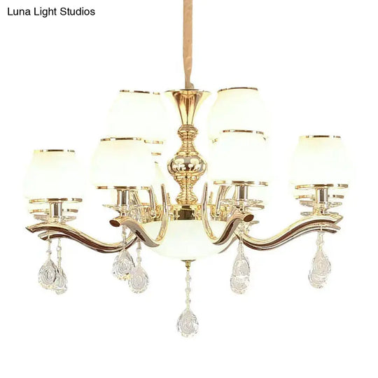 Modern White Glass Chandelier With Crystal Droplet And Gold Urn Shade Pendant Light