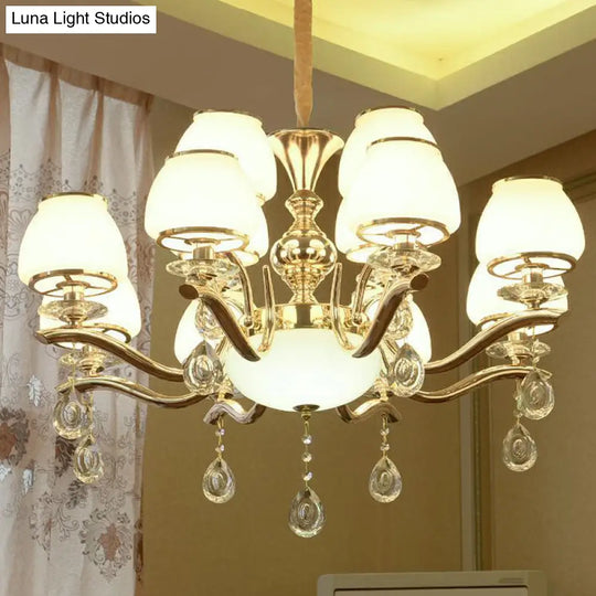 Modernist White Glass Pendant Chandelier With Crystal Droplets - Gold Urn Shade Design