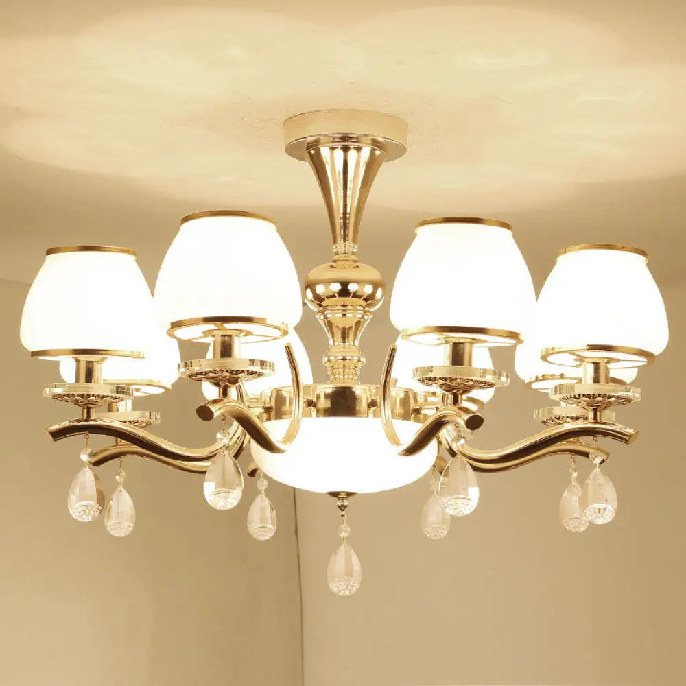 Modernist White Glass Pendant Chandelier With Crystal Droplets - Gold Urn Shade Design 8 /