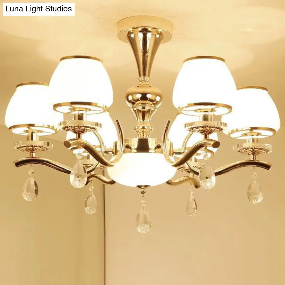 Modernist White Glass Pendant Chandelier With Crystal Droplets - Gold Urn Shade Design