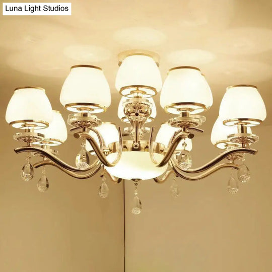 Modern White Glass Chandelier With Crystal Droplet And Gold Urn Shade Pendant Light 12 /