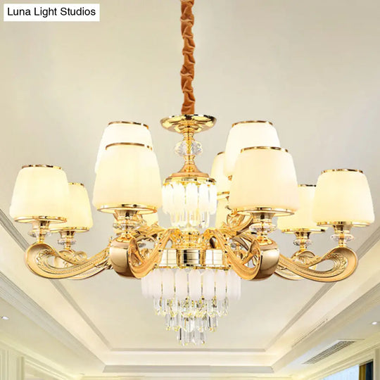 Modern White Glass Pendant Light With Crystal Draping - Bucket Chandelier Lamp