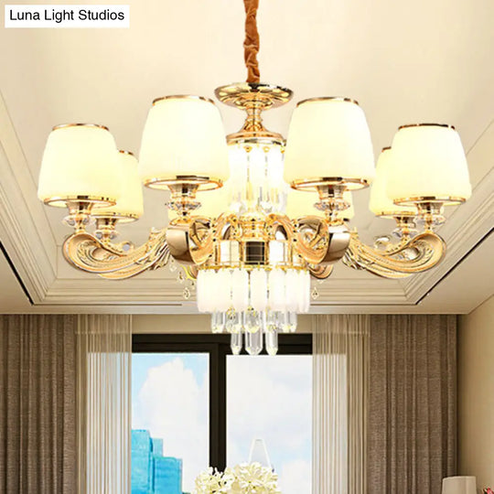 Modern White Glass Pendant Light With Crystal Draping - Bucket Chandelier Lamp 8 /